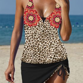 Leopard Floral Print Patchwork Tankini, Drawstring V Neck High Strech Color Block Swimsuit, 2 Piece Set, Women's Swimwear & Clothing (Color: Multicolor)