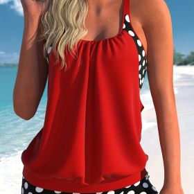 Plus Size Casual Swimsuit Set, Women's Plus Colorblock Dot Print Cut Out Round Neck Cami Top & Shorts Bathing Suit Two Piece Set (Color: Red)