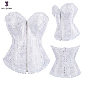 Sexy Women Steampunk Clothing Gothic Plus Size Corsets Lace Up Boned Overbust Bustier Waist Cincher Body Shaper Corselet S-6XL (Color: 819 white)